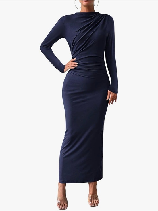 BTFBM Dresses & Skirts - Elegant Blue Long-Sleeve Ruched Maxi Dress stretch party, comfort, body con chic